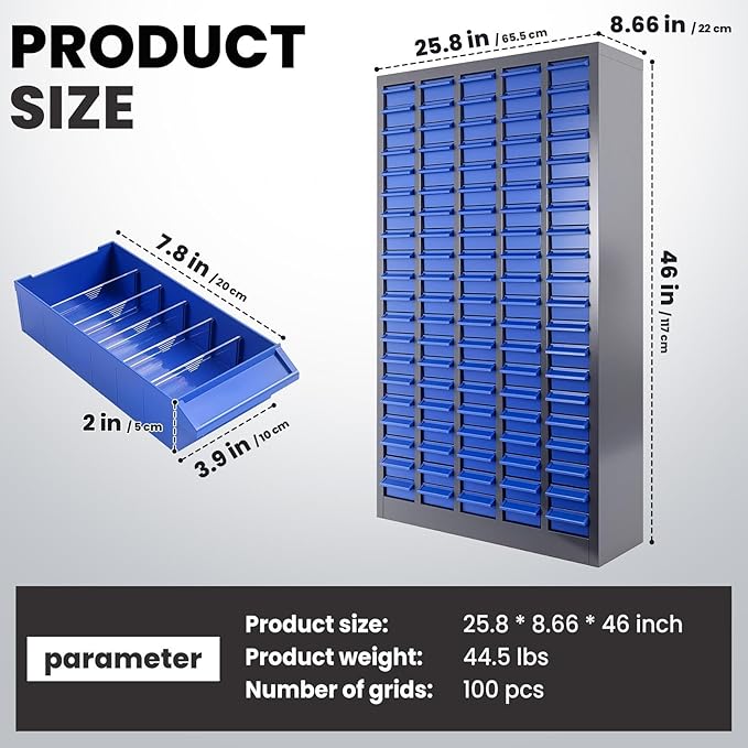 100-Drawer Nut and Bolt Organizer, Small Parts Organizer with Alloy Steel Frame & ABS Drawers, Bolt Bin for Garage, Teacher Toolboxes, Makeup & Workshop, Tool Hardware Storage (100-grid Drawer)