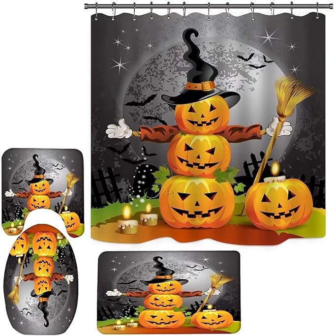 Halloween Pumpkin Waterproof Curtain,with Non-Slip Rugs,Toilet Lid Cover and Bath Mat,Bathroom Shower Decor Accessory Set