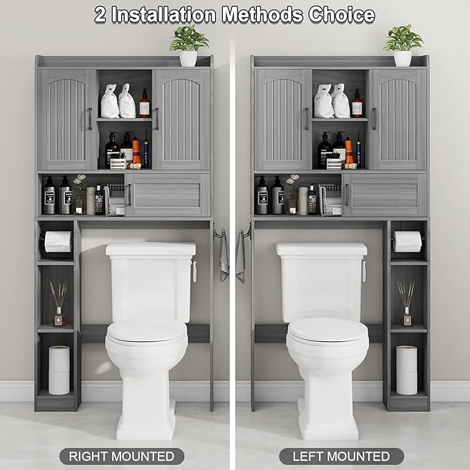 Vabches Farmhouse Over The Toilet Storage Cabinet with 2 Barn Doors & Sliding Door, Over The Toilet Bathroom Organizer with Open Storage Layer and Adjustable Shelves & Hooks.Grey
