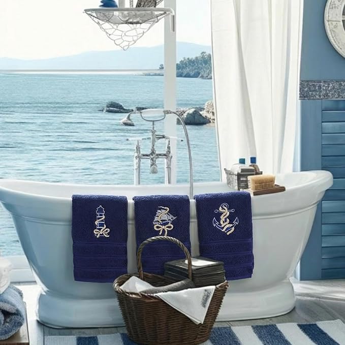 3 Pack Coastal Nautical Hand Towels for Bathroom 100% Cotton Embroidered Anchor Sailboat Lighthouse Beach Bathroom Towels 13.78 x 29.53 Inch Soft Absorbent, Navy Blue