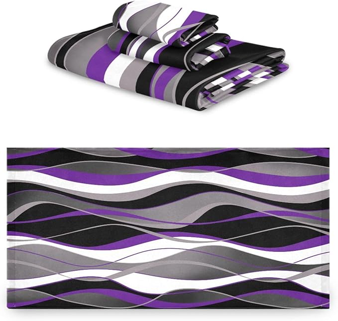 3 Piece Purple Grey Bath Towels Set,Microfiber Absorbent Black White Gray Striped Modern Abstract Towels for Bathroom,1 Bath Towel,1 Hand Towel,1 Washcloth,Purple Decorative Bathroom Towels