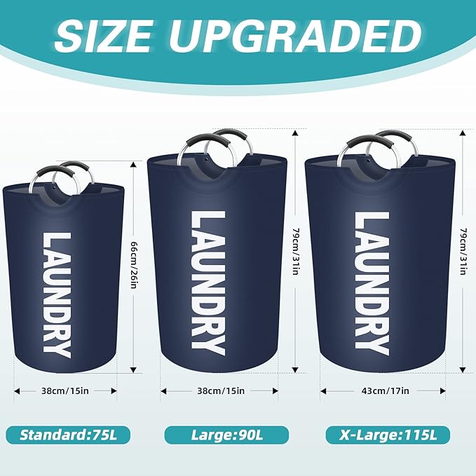 StorageRight 75L Large Laundry Basket, Laundry Hamper, Dirty Clothes Hamper for Laundry, Collapsible, Waterproof Laundry Baskets with Foam Protected Aluminum Handles for Laundry, Dorm, Family (Blue)
