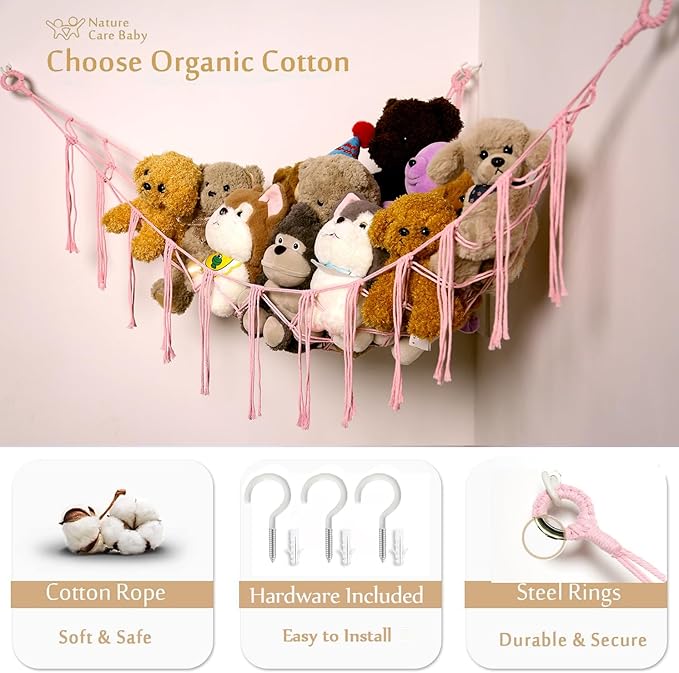 Stuffed Animals Hammock Corner Hanging Net for Macrame Stuffed Animal Storage Plush Toy Holder Toy Organizer for Boho Nursery Playroom Bedroom Kids Room Decor (light pink, Large)