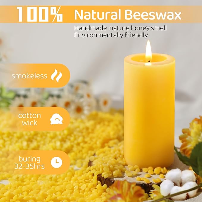 8 Pack Natural Beeswax Pillar Candles,100% Pure Beeswax Candles-280 Hours Long Burning,Unscented Bees Wax Candle for Home,Prayer,Emergency,Dripless Smokeless Organic Bees Wax Candle