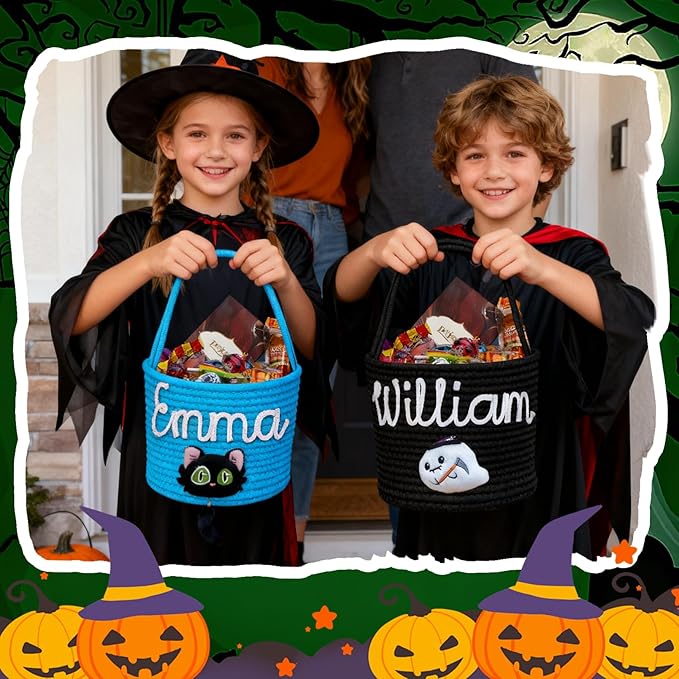 Personalized Halloween Basket, Custom Trick or Treat Bag with Name, Hand-Woven Candy Bucket, Spooky Decor for Boys & Girls (Style 1)