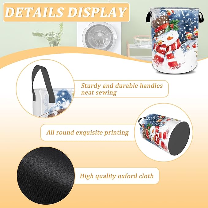Christmas Laundry Basket, Winter Snowman Laundry Hamper Foldable Waterproof Oxford Cloth Funny Tote Bag Dirty Clothes Storage Bucket Toy Organizer for Bathroom/Laundry/Bedroom 15.7"x19.6"