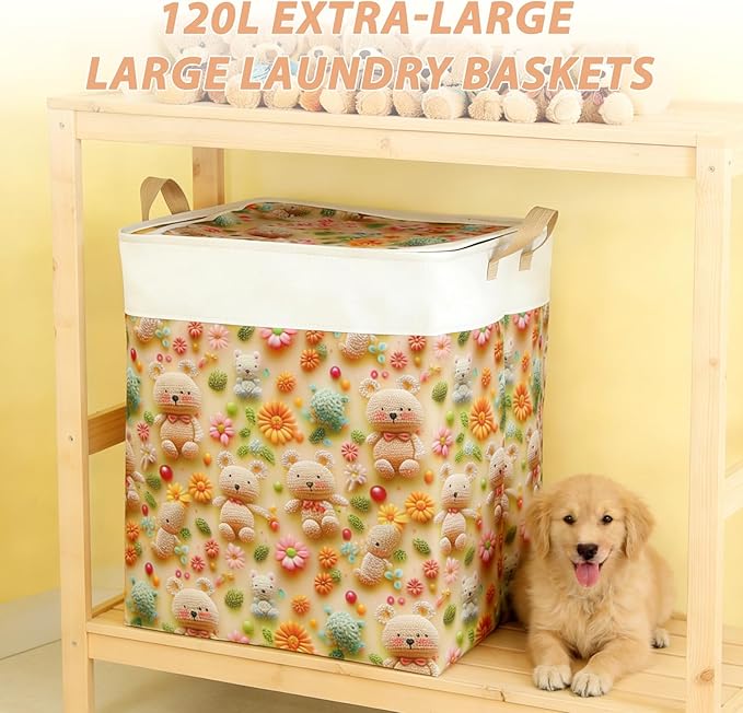 120L Extra Large Laundry Basket with Lid & Handles, Collapsible Waterproof Laundry Hamper for Laundry Room Organization