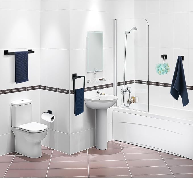 5 Pieces Bathroom Hardware Accessories Set Matte Black, 16Inch Square Towel Racks Set for Bathroom, SUS304 Stainless Steel Towel Bar Set, Bath Accessories Sets Wall Mounted