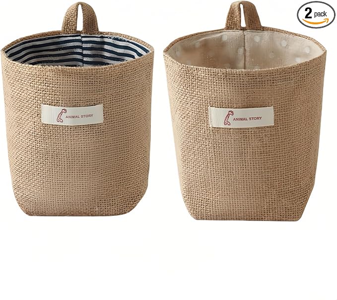 Chinshwehaw Washable Cotton Linen Hanging Organizer Bag for Door Wall Bedside | Washable Storage Pockets | Space Saving ，Reusable Closet Organizer (2Pack) (Deep blue stripes+yellow dots)