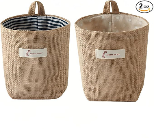 Chinshwehaw Washable Cotton Linen Hanging Organizer Bag for Door Wall Bedside | Washable Storage Pockets | Space Saving ，Reusable Closet Organizer (2Pack) (Deep blue stripes+yellow dots)