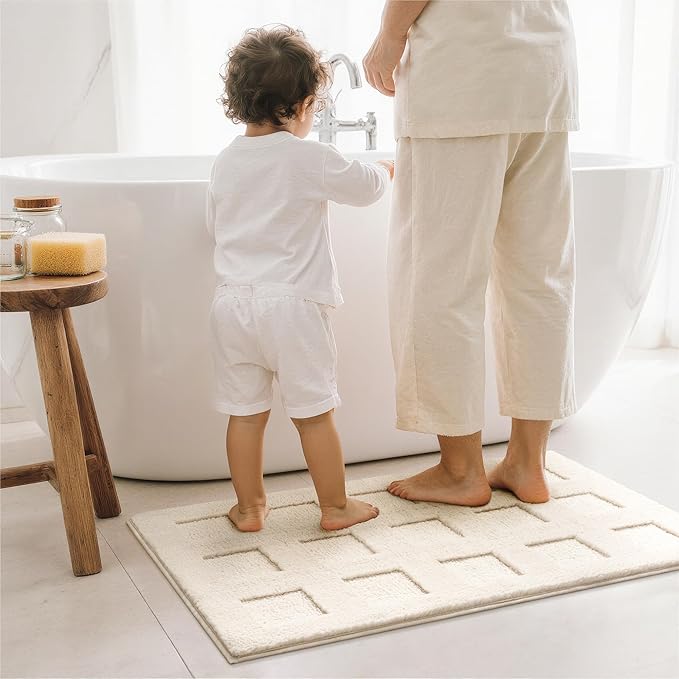 GRANNY SAYS Bathroom Rugs Non Slip Washable, Extra Soft & Water Absorbent Bath Mats for Bathroom, Plush Shaggy Bath Carpet, White Waffle Bath Mat Quick Dry for Tub & Shower 16" x 24"