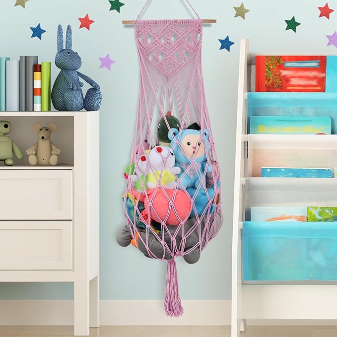Stuffed Animal Hammock Corner, 63 Inch Jumbo Macrame Ceiling Toys Net, Light Pink Wall Hanging Organizer Holder Plush Storage Display Net with Led Light for Nursery Playroom Kid Room Decor Gift