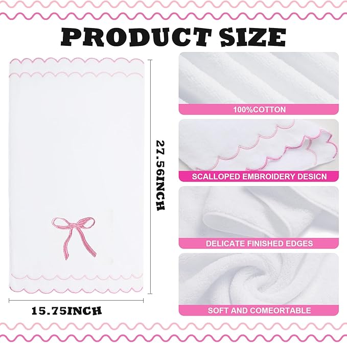 2 Pcs Coquette Bow 100% Cotton Hand Towels for Bathroom Scalloped Hand Towels 16 * 27 Inch Embroidered Decorative 600 GSM Soft Absorbent Bath Towel for Spa Yoga Hotel Sport (Pink)