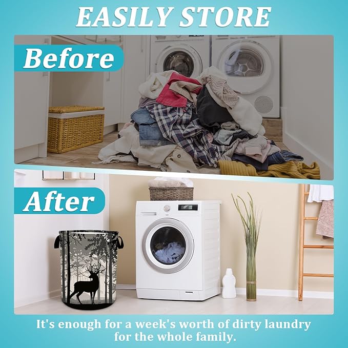 Deer Pine Tree Laundry Basket, Foggy Forest Laundry Hamper Foldable Waterproof Funny Tote Bag Dirty Clothes Storage Bucket Toy Organizer for Bathroom/Laundry/Bedroom 15.7"x19.6"