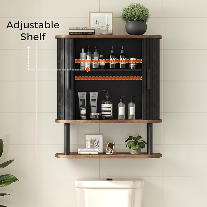 Bathroom Wall Cabinet, Over The Toilet Cabinet with Sliding Doors and Adjustable Shelf, Space Saver, Wall Mounted Medicine Cabinet for Laundry Room & Kitchen & Living Room, Black