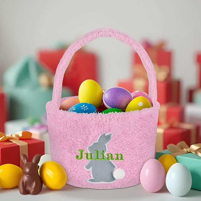 Easter Basket for Kids, VAPCUFF Easter Bunny Basket, Personalized Easter Baskets, Easter Basket with Name - - Pink Basket Grey Bunny