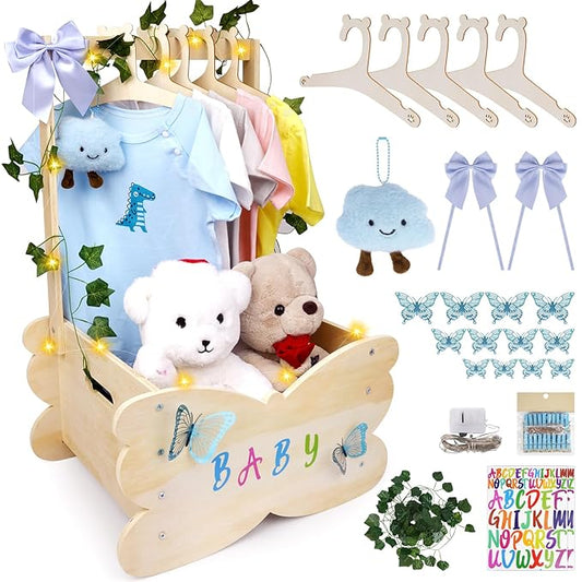Wooden Baby Shower Crate Closet, Baby Shower Basket with 8 kinds of Accessories Personalized Newborn Boys Girls Gifts, Storage Crate Gifts for New Parent Pregnancy