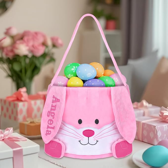 Personalized Easter Basket, PEMIRSAYO Easter Baskets for Kids, Bunny Easter Basket, Easter Egg Hunt Basket, Idea Easter Gifts, Easter Egg Basket - Pink
