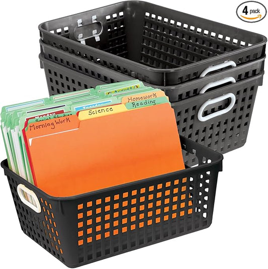 Really Good Stuff Large Plastic Book Baskets, 13.25" x 10" x 5.5", 4 Pack, Black, Classroom Library Organizers, Toy Storage, Multi-Purpose