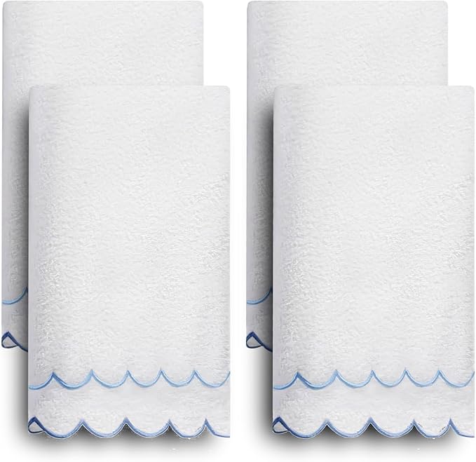 100% Cotton Hand Towels for Bathroom 4 Pcs Scalloped Hand Towels 16 * 27 Inch Embroidered Decorative 600 GSM Soft Absorbent Bath Towel for Spa Yoga Hotel Sport (Blue)