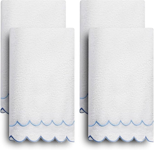 100% Cotton Hand Towels for Bathroom 4 Pcs Scalloped Hand Towels 16 * 27 Inch Embroidered Decorative 600 GSM Soft Absorbent Bath Towel for Spa Yoga Hotel Sport (Blue)