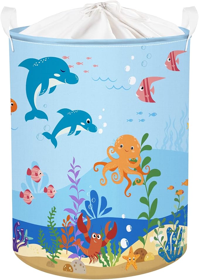 Clastyle Marine Animals Bubbles Kid Laundry Basket with Lid Foldable Sea Shark Dirty Clothes Hamper Round Toy Clothes Pool Beach Towel Basket, Blue Dolphin, 36 * 45 cm