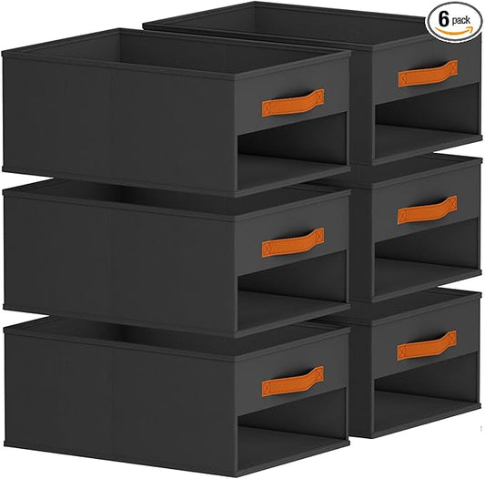 Closet Organizers and Storage - 6 Pack Storage Bins Baskets for Organization Foldable Closet Organizer with Clear Window & Handles for Clothes, Toys, Towels, Small Essentials (Black)