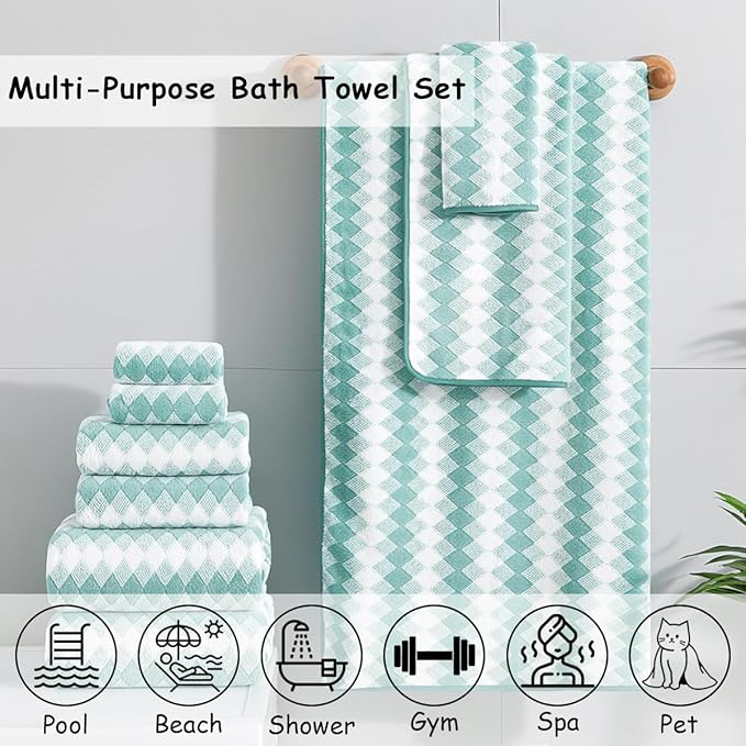 12 Pcs Turquoise Diamond Towel Set-4 Bath Towels,4 Hand Towels,4 Washcloths Soft Polyester Towels with Loop Absorbent Shower Towel Quick Dry Beach Chair Towel Family Towels for Bathroom Spa Gym Pool