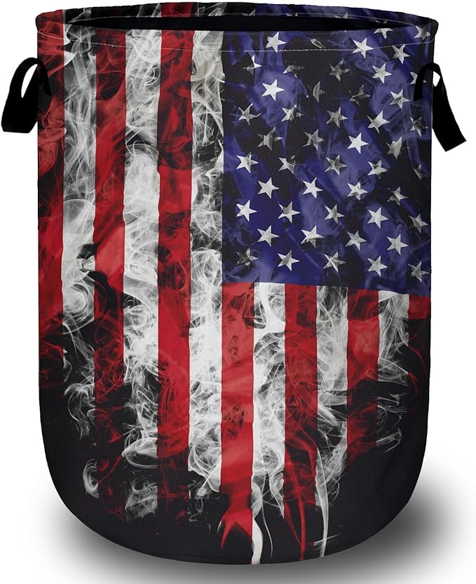Smoke USA Flag Laundry Basket with Sturdy Handles, Memorial Day Patriotic Collapsible Oxford Cloth Laundry Hamper Organizer Basket for Bathroom Bedroom 15.7x20 Inch