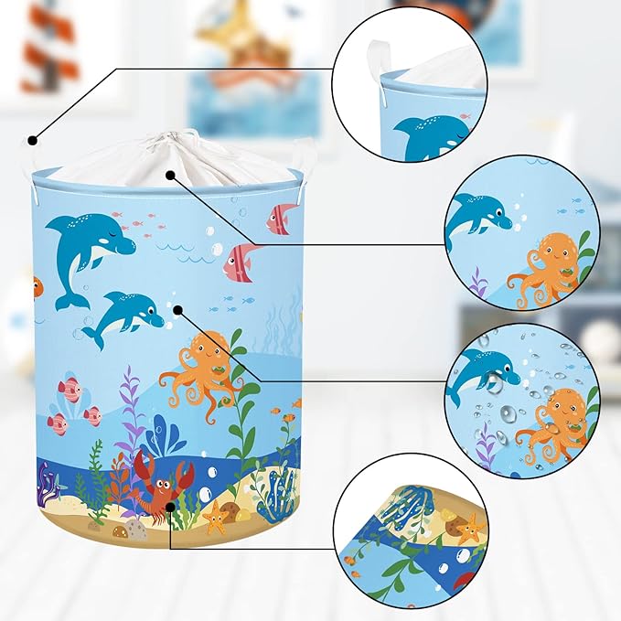 Clastyle Marine Animals Bubbles Kid Laundry Basket with Lid Foldable Sea Shark Dirty Clothes Hamper Round Toy Clothes Pool Beach Towel Basket, Blue Dolphin, 36 * 45 cm