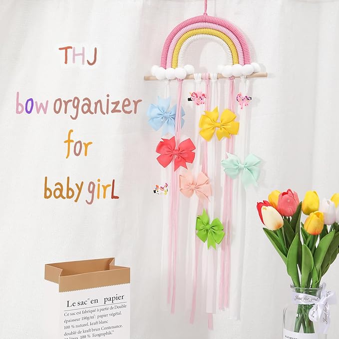 THJ Bow Holder Hanging Hair Bow Organizer Hair Clips Storage for Girls Hair Bows,Boho Rainbow Wall Hair Clips Headband Storage Hanger for Baby Toddler Girls Room Colorfull