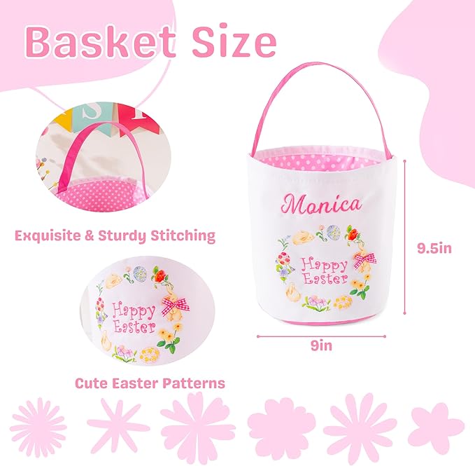 MT WORLD Toddler Easter Basket Personalized Easter Egg Bucket for Kids with Embroidered Name Pink Bunny Bucket Custom Candy Tote Bag for Baby Girls Candy Gifts Bucket