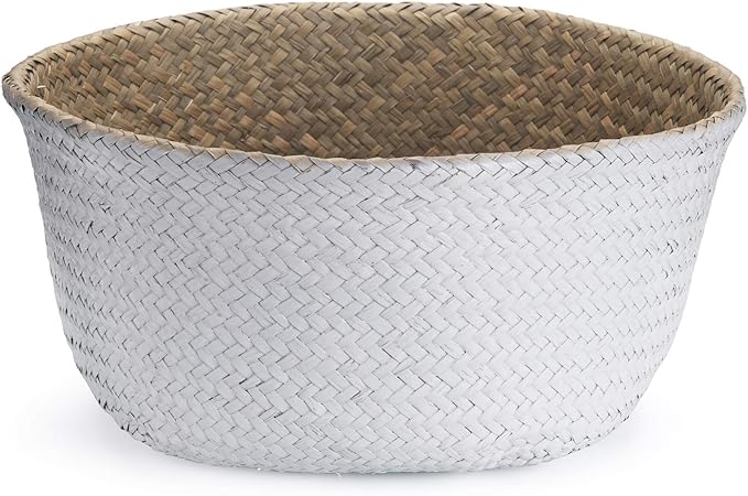 Seagrass Plant Basket with Handles, Natural Woven Storage Baskets (White M (8.3" D x 9" H))