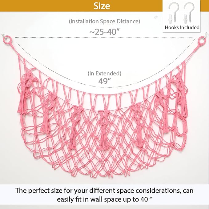 Stuffed Animal Net or Hammock Macrame Toy Diaplay Plush Toy Holder Corner Wall Hanging Net for Stuffed Animal Storage (Pink,49" W)