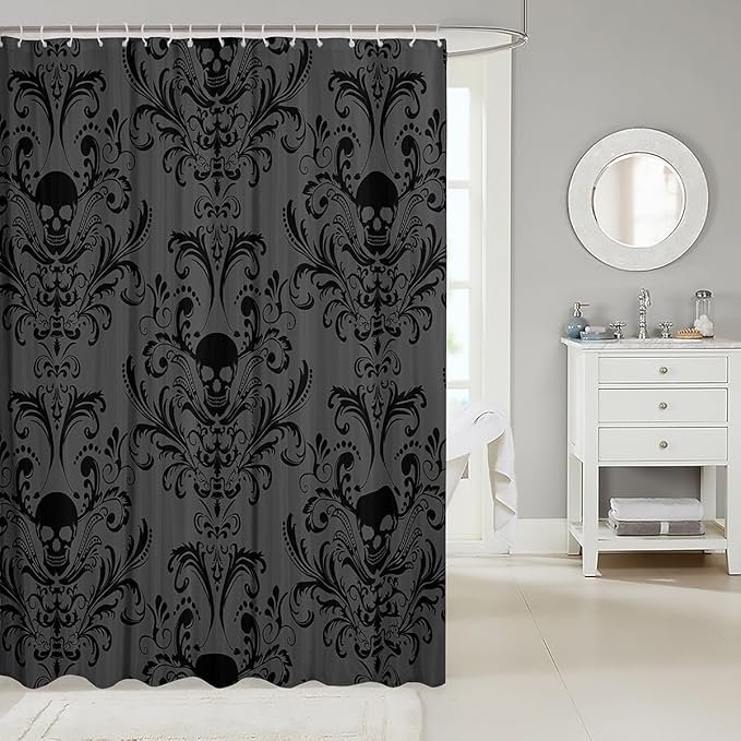Gothic Shower Curtain Set Black Damask Fabric Shower Curtain Antique Victorian Vintage Floral Exotic Sugar Skull Bathroom Decor 72"Wx72"L,Skeleton Boho Baroque Decor Housewarming Gift,Charcoal Grey