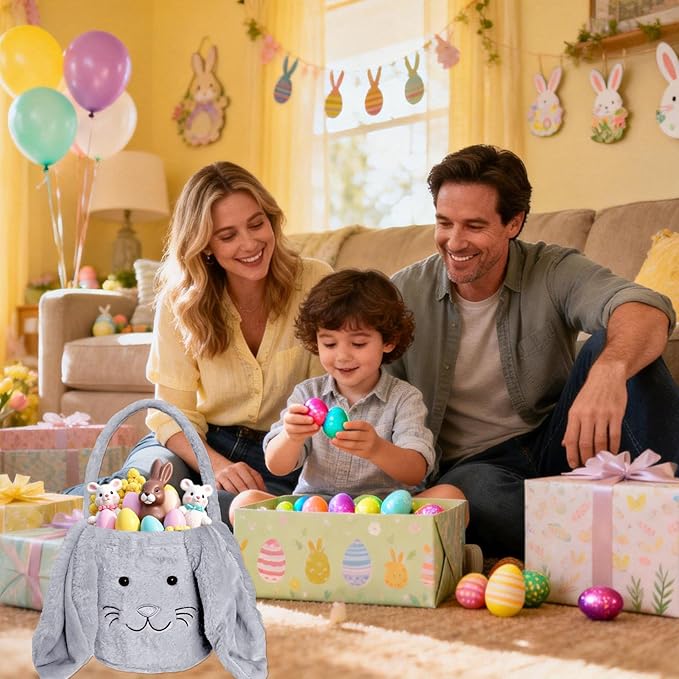 Easter Bunny Basket for Kids, Fluffy Easter Egg Hunt Bag Soft Fabric, Cute Rabbit Tote Bags with Long Plush Ear Easter Tote Bags for Candy Gifts Storage (Gray)