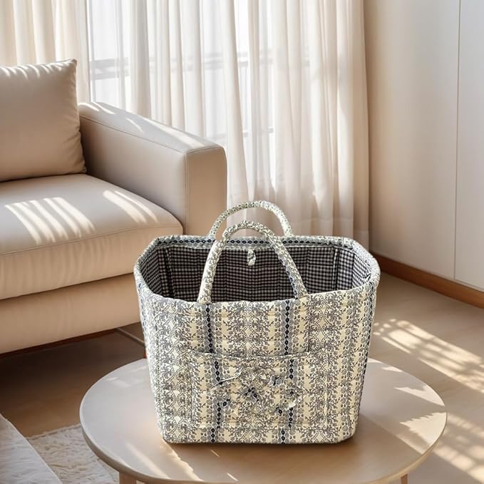 JQWYGB Foldable Laundry Basket Boho Bear Storage Basket Floral Quilted Fabric Car Storage Basket Handles Large Laundry Baskets for Clothes and Dolls