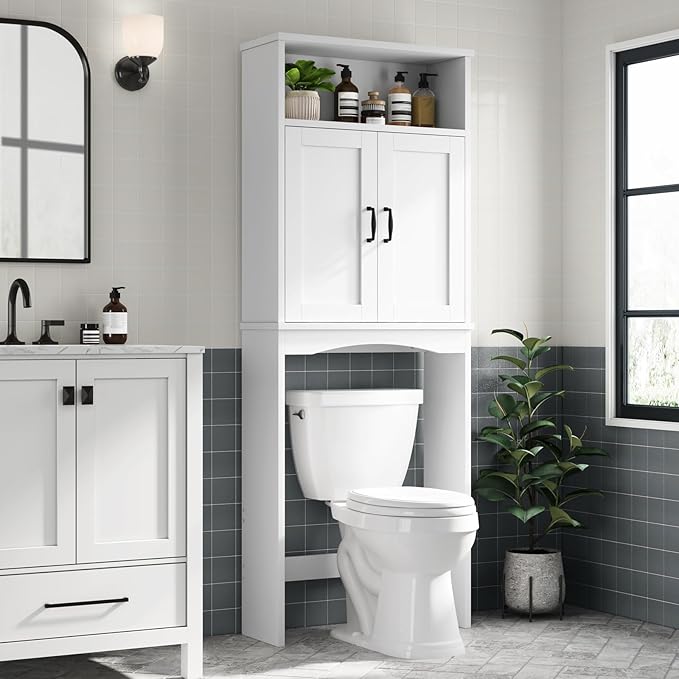 Over The Toilet Storage Cabinet, Over Toilet Storage Bathroom Organizer with Inner Adjustable Shelf and Top Open Storage Above The Toilet Storage Cabinet Behind Toilet Bathroom Cabinet, White