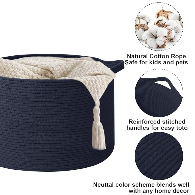 65L Large Blanket Basket,19.7" L x 19.7" W x 13" H Rope Woven Baskets with Handles, Toys Storage Bins,Laundry Basket Perfect for Living Room, Nursery,Bedroom,Home Organization,Dark Blue