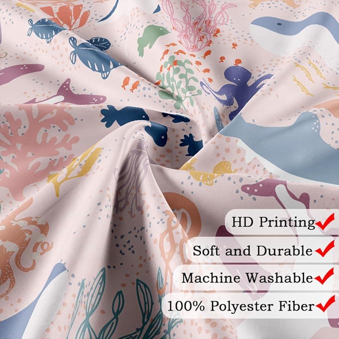 60x70 inch Kids Shower Curtain - Pink Boho Ocean Animals Underwater Cartoon Bathroom Decor with Shark & Fish for Girls, Nautical Theme Bathtub Curtain