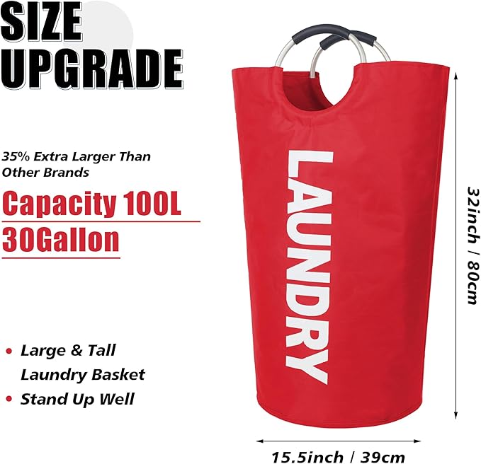 Twira 100L Large Laundry Basket, Laundry Hamper Stands Up Well, Laundry Bag with Padded Handles, Waterproof Clothes Bin Collapsible, Clothes Hamper for Bathroom, Laundry, College (Red)