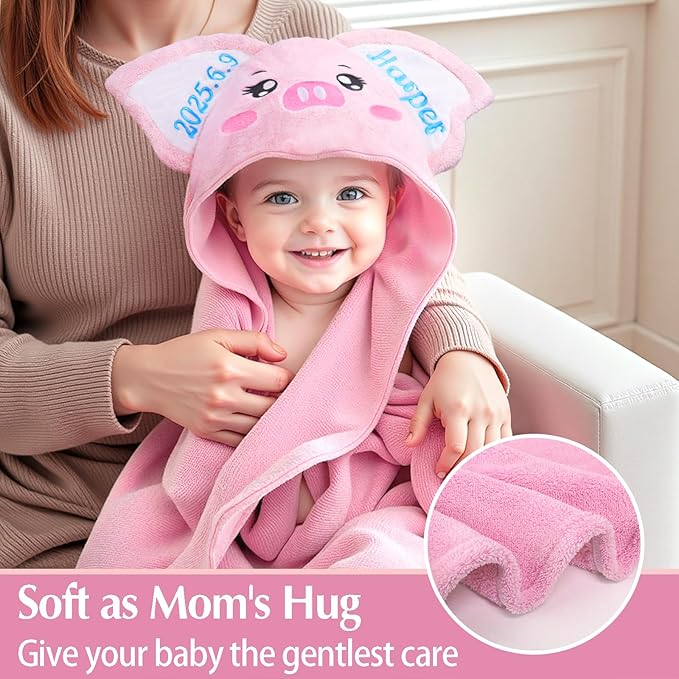 Baosity Custom Hooded Baby Towel with Name, Soft and Absorbent Customized Pig Toddler Towels, Baby Bath Towels for Boys and Girls, Easter Birthday Towel for Kids，Babies, Toddlers, Newborns Essential