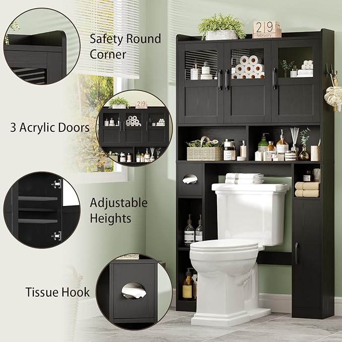 Over The Toilet Cabinet,Farmhouse Toilet Cabinet Rack with 3 Acrylic Doors and Adjustable Storage Shelf,Space Saving Bathroom Organizer with Toilet Paper Holder Stand for Restroom, Laundry，Black