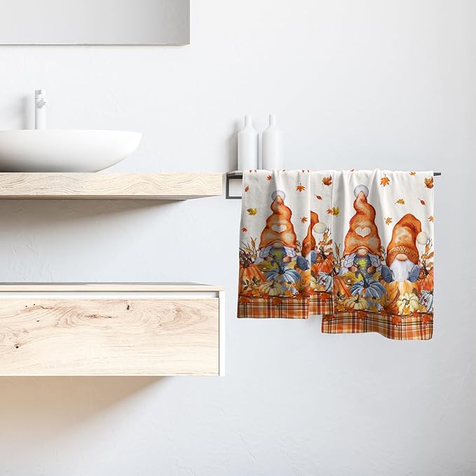 Hello Fall Gnome 2-Piece Autumn Maple Leaves Pumpkins Hand Fingertip Towels Orange White Buffalo Plaid Highly Absorbent Towels for Bathroom Kitchen SPA Gym 14"x28"