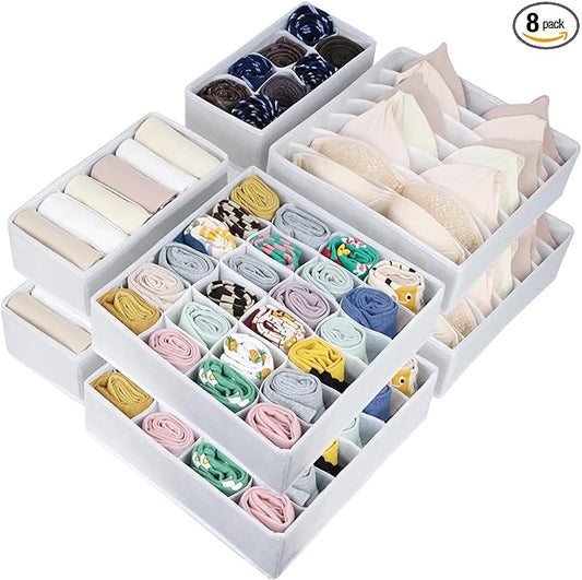 8 Packs Underwear Drawer Organizer Clothes, Foldable Bra Drawer Organizer Bins, 90 Cells Fabric Clothes Organizer Drawer Dividers for Socks, Ties, Bras, Baby Clothes, Nursery, Clothing (White)