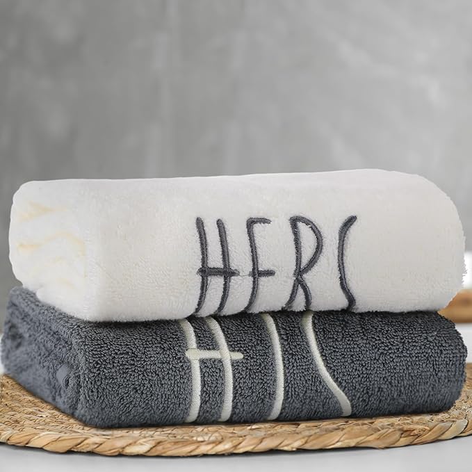2 Pcs His and Hers Hand Towels 100% Cotton Embroidered Bathroom Towel Wedding Gift for Valentine's Day Couple, Anniversary Bathroom Decor, 29 x 13 Inch