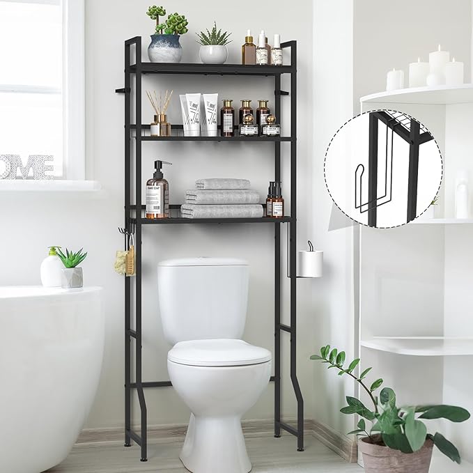 YBING Over The Toilet Rack 3 Tier Bathroom Shelf Over Toilet Storage Organizer Freestanding Above Toilet Storage Rack with Metal Frame and Hook Bathroom Over Toilet Storage Stand Black