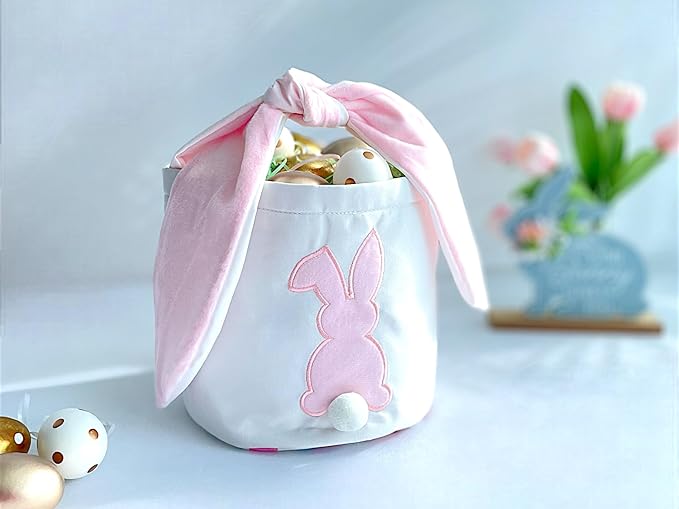 Easter Bunny Basket Bags, Rabbit Bucket Tote for Easter Egg Hunts Decorations Candy Gifts Storage (Pink, Blue, Polka Dots) (Pink)