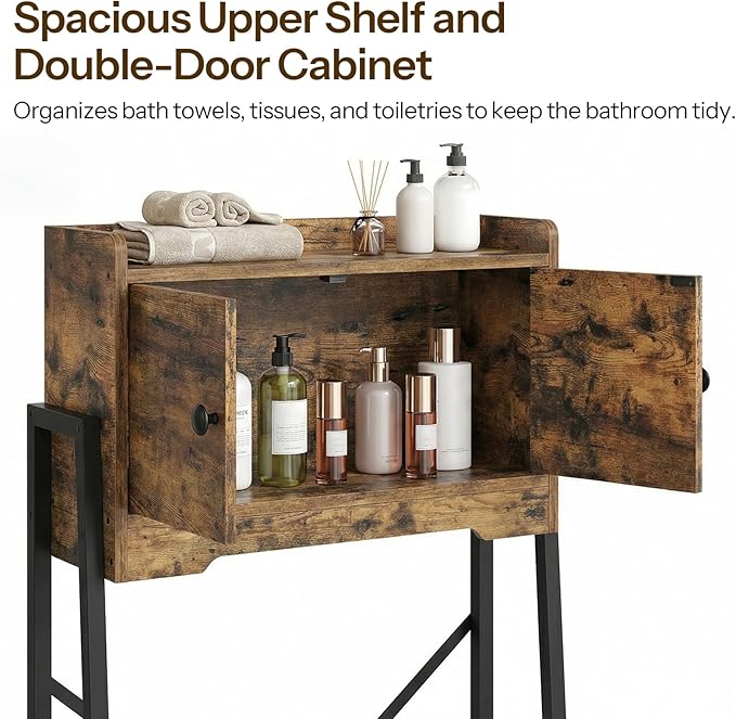 Over The Toilet Storage Cabinet, Freestanding Above The Toilet Storage Cabinet, Over The Toilet Storage Rack with X-Shaped Back Support, for Bathroom, Laundry, Rustic Brown and Black TR04BR