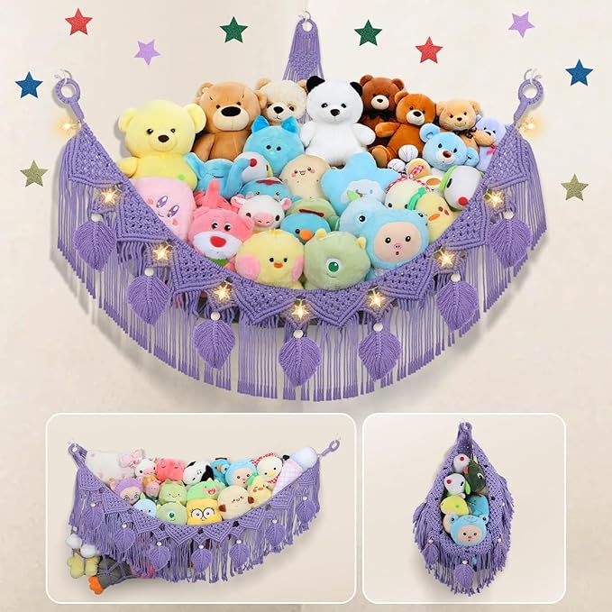 Stuffed Animal Hammock Corner - 56'' Jumbo Handcrafted 5mm Double Macrame Cord Stuffed Animal Storage Net - 100% Natural Cotton Toy Hammock Holder - Purple Stuffy Plushie Net w/LED Star Light